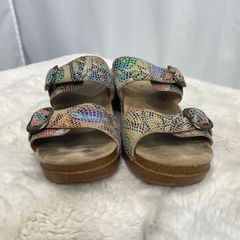 Dansko Womens Multi Color Mosaic Snake Print Leather Wedge Slide Sandals Size 38